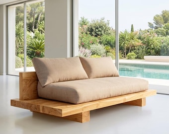 Minimalistyczna rzeźbiarska sofa, designerska leżanka z litego drewna kasztanowego, luksusowe, ręcznie robione meble na zamówienie, platforma z drewna kasztanowego
