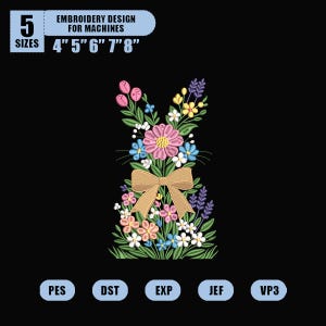 Floral Bunny Embroidery Design, 5 sizes, Instant Download