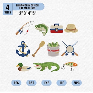 Puede incluir: Conjunto de diseños de bordado con ilustraciones temáticas de pesca. Incluye una caña de pescar, pez, caja de aparejos, sombrero, ancla, remo, cubo de pescado, cañas de pescar cruzadas, pato, cocodrilo y un señuelo. Tamaños: 5 cm, 7.6 cm, 10.2 cm, y 12.7 cm.