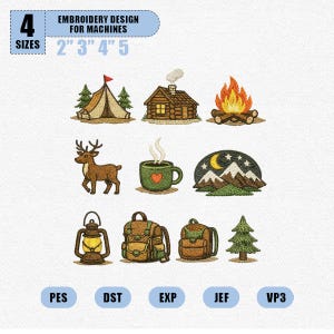 May include: Embroidery design set featuring camping and outdoor adventure elements. Includes a tent, cabin, campfire, deer, mug, mountain scene, lantern, backpacks, and a pine tree. The design is available in 4 sizes: 2", 3", 4", and 5".