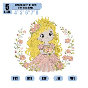 Baby Girl Princess Embroidery Design, Girl with Long Hair, Floral Crown Princess, Kids Dress Embroidery Pattern, Machine Embroidery File