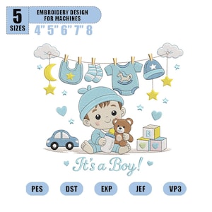 Puede incluir: Un diseño de bordado para máquinas con temática de bebé niño. El diseño incluye un bebé, un osito de peluche, ropa de bebé y el texto "It's a Boy!". Disponible en 5 tamaños: 10 cm, 13 cm, 15 cm, 18 cm y 20 cm.