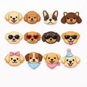 May include: A collection of twelve embroidered dog face patches in various breeds and styles. Some dogs wear sunglasses, bandanas, or party hats. The patches are in shades of brown, tan, and white, with black and pink accents.