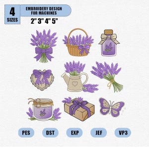Può includere: Un set di ricami con bouquet di lavanda, un cestino, una bottiglia, un disegno a forma di cuore, un annaffiatoio, un barattolo, una confezione regalo e una farfalla. Il design include il testo "EMBROIDERY DESIGN FOR MACHINES" e le misure 5 cm, 7.6 cm, 10.2 cm, e 12.7 cm.