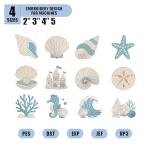 Könnte beinhalten: Ein digitales Stickmuster-Set für Maschinen mit zwölf nautischen Motiven, darunter Muscheln, ein Seestern, eine Sandburg, ein Seepferdchen, Korallen und eine Welle. Die Designs sind in Beige- und Blautönen gehalten. Text: 4 SIZES 2" 3" 4" 5".