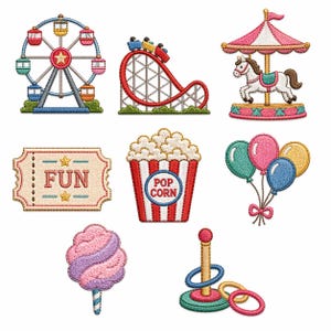 Puede incluir: Un conjunto de parches bordados con temática de carnaval. Incluye una noria, una montaña rusa, un tiovivo, un boleto con el texto "FUN", palomitas de maíz, globos, algodón de azúcar y un juego de lanzamiento de aros.