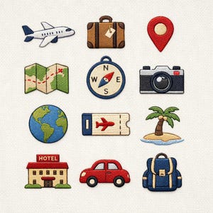 May include: A collection of embroidered travel-themed patches. Includes a plane, suitcase, map, compass, camera, globe, ticket, island, hotel, car, backpack, and a location marker. Each patch features detailed stitching and vibrant colors.