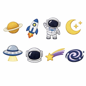 Paquete de diseños de bordado espacial, archivos de bordado a máquina de cohete, astronauta, planeta, ovni, luna y estrella, mini conjunto de bordado de galaxia