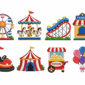 Puede incluir: Colección de diseños bordados con temática de carnaval. Incluye una noria, un tiovivo, una montaña rusa, una taquilla, un coche de choque, una carpa de circo, un carrito de palomitas y globos. Cada diseño presenta colores brillantes y costuras detalladas.