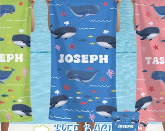 Toalha de praia personalizada com desenho de baleia em estilo cartoon, toalha com nome personalizado, presente de aniversário fofo para adolescentes/crianças, toalha de piscina com estampa preppy, presente para férias de verão.