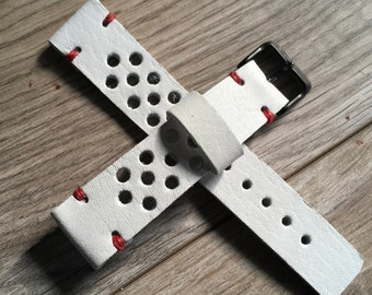 Correa de reloj de carreras de cuero blanco hecha a mano: Correa deportiva de rally (18 mm, 20 mm, 22 mm)