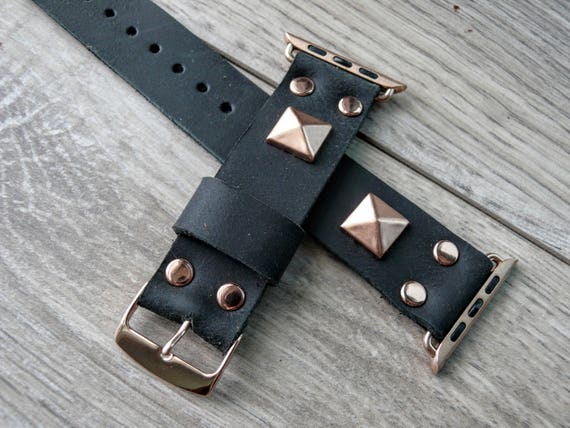 Handmade Leather Apple Watch Band: Rose Gold Pyramid Studded Strap