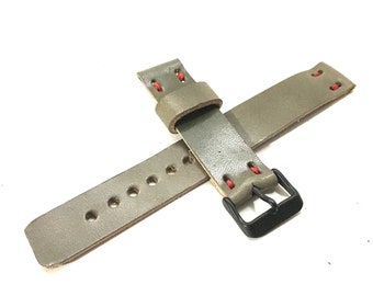 Wickett Craig Gray Leather Watch Strap with red linen thread, also available in black, green, blue, brown and tan