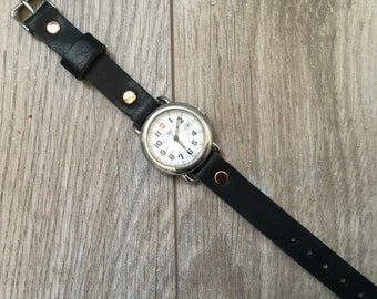 Ready to Ship Horween Watch Band, Riveted Watch Band, Black Horween Dublin leather strap, 12mm, 14mm, 16mm watch band