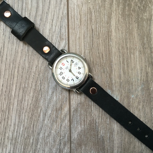 Ready to Ship Horween Watch Band, Riveted Watch Band, Black Horween Dublin leather strap, 12mm, 14mm, 16mm watch band