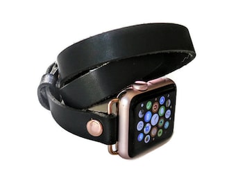 Correa para Apple Watch de triple vuelta de cuero negro Horween hecha a mano