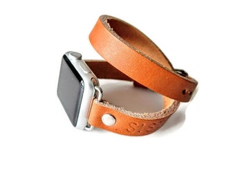 Handcrafted Brown Leather Double Wrap Apple Watch Band
