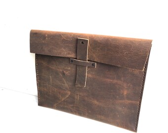 Distressed Dark Brown Leather Small Laptop Case, Tablet Carrying Case, Paper Folder Carrying Case Leather Pouch, Gift for her, Gift for Him