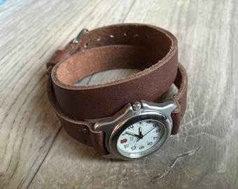 Handmade Brown Leather Double Wrap Watch Band: 14mm-22mm