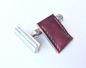 Funda de cuero Horween hecha a mano para navaja de afeitar: Estuche marrón burdeos personalizado