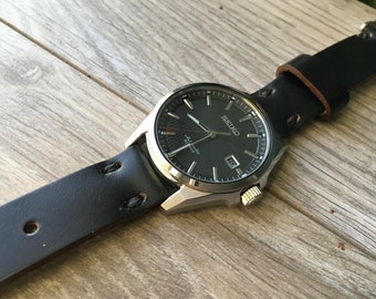 Correa de reloj de cuero Horween Chromexcel negro