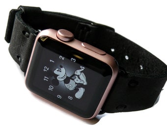 Handmade Leather Apple Watch Band: Black Leather Strap, Silver Buckle