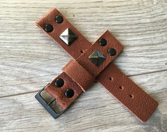 CLEARANCE Leather Watch Band, 22mm, brown band with black pyramid studs