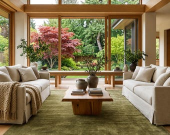 Olive Green Hand Tufted Wool Rug - Solid Neutral Area Rug For Living Room