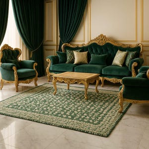May include: A luxurious living room set featuring a green velvet sofa, two armchairs, and a coffee table with gold accents. A patterned green and beige rug sits on the floor. The room is decorated with green velvet curtains and gold trim.