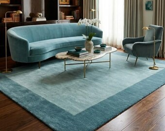 Handmade Blue Wool Area Rug, Tufted Custom Soft Floor Decor, Modern Pastel Bedroom Carpet