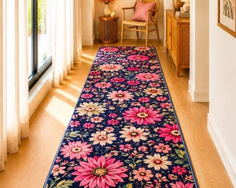 Pink Floral Hand Tufted Runner Rug, Wool Long Hallway Mat