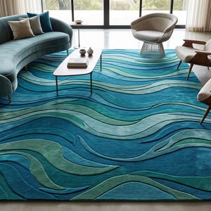 May include: A large rectangular area rug featuring a layered, three-dimensional wave pattern in various shades of teal, turquoise, and deep blue. The design consists of undulating, curved bands that create a sense of depth and movement across the surface.