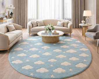 Sky Blue Cloud Tufted Rug Handmade Soft Wool Area Rug - Nursery Decor