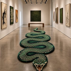 Puede incluir: Una alfombra larga con forma de serpiente que presenta un patrón detallado de escamas verdes y doradas. La alfombra representa una serpiente con la boca abierta, colmillos visibles y una lengua rosa que sobresale, extendida en curva.