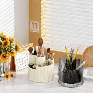 360 Rotating Makeup Organizer, 5 Slot Cosmetic Brush Holder Desktop Storage Vanity Bathroom White