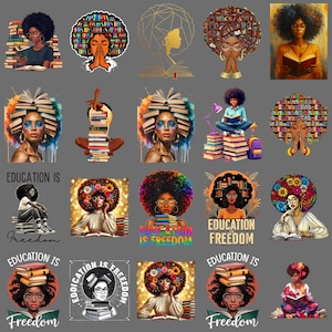 May include: A collection of digital art featuring Black women with books. The illustrations showcase women with books on their heads, reading, or surrounded by stacks of books. Some images include the text "Education is Freedom."