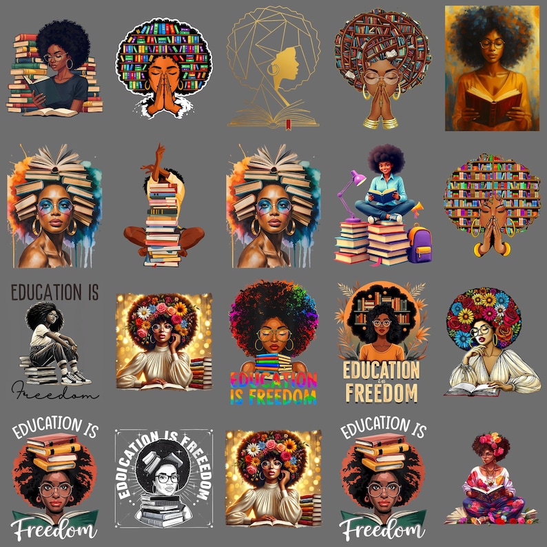 May include: A collection of digital art featuring Black women with books. The illustrations showcase women with books on their heads, reading, or surrounded by stacks of books. Some images include the text "Education is Freedom."
