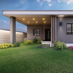 May include: A modern, single-story house with a gray exterior, a flat roof, and a covered porch. The house features black-framed windows, wooden accents, and is surrounded by a green lawn and landscaping. The sky is blue with some clouds.