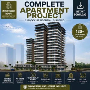 May include: A digital architectural rendering of a 2-block residential building project featuring 130+ apartments. The graphic includes text labels for editable DWG files, PDF sheets, 18 high-quality renders, floor plans, sections, elevations, and site plans.