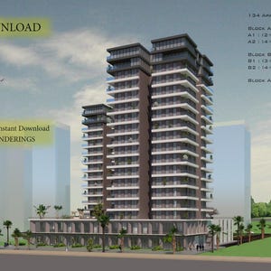 以下が含まれることがあります： 複数のバルコニーを備えたモダンな高層アパートの建築レンダリング。画像には「インスタントダウンロード」と「インスタントダウンロード用デジタル建築プランPDF + JPEG + DWG + RENDERINGS」というテキストが含まれています。