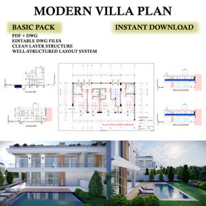 Peut inclure: Image d'un plan de villa moderne avec le texte "MODERN VILLA PLAN". L'image comprend des dessins architecturaux, des élévations et un rendu d'une villa avec piscine. Le texte inclut "BASIC PACK" et "INSTANT DOWNLOAD".