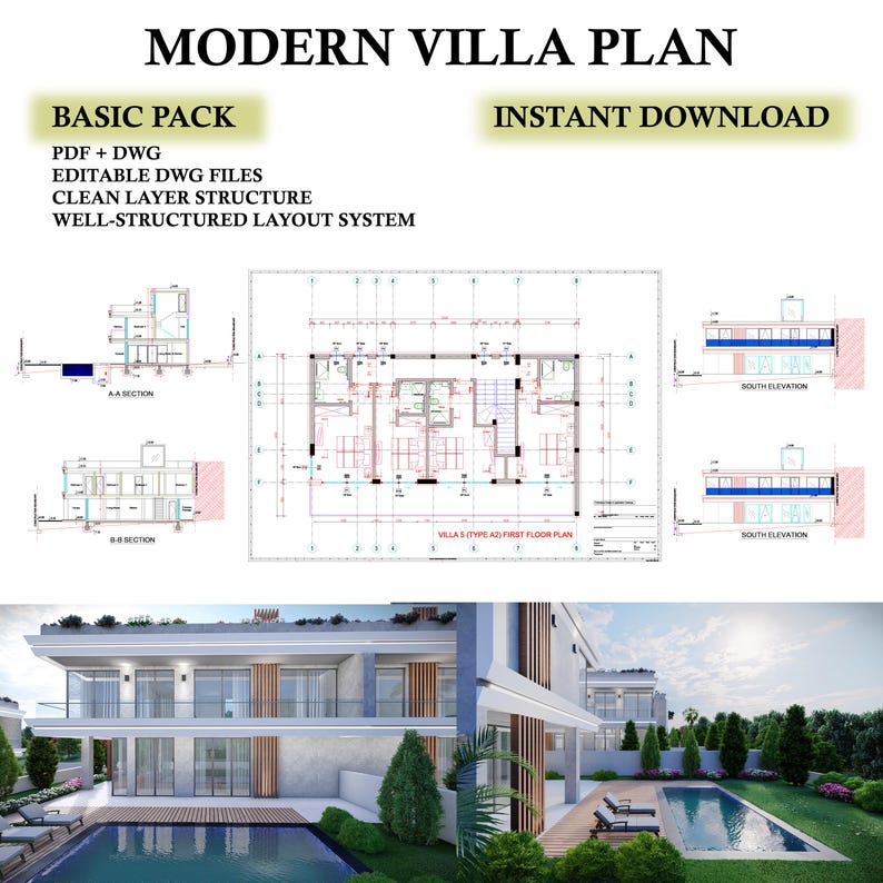 modern-duplex-house-plans-architectural-drawing-set-dwg-pdf-etsy