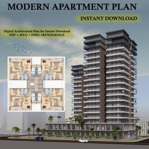 Puede incluir: Plano arquitectónico digital de un apartamento moderno, con un plano de planta detallado y una representación 3D del edificio. La imagen incluye el texto "MODERN APARTMENT PLAN" y "INSTANT DOWNLOAD". El plano está disponible en PDF, JPEG, DWG y renders.