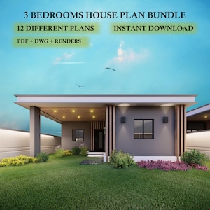 Könnte beinhalten: Eine digitale Darstellung eines modernen einstöckigen Hauses mit Flachdach, grauen Außenwänden und Holzakzenten. Der Text lautet: 3 BEDROOMS HOUSE PLAN BUNDLE, 12 DIFFERENT PLANS, INSTANT DOWNLOAD, PDF + DWG + RENDERS. Das Haus hat eine Veranda.