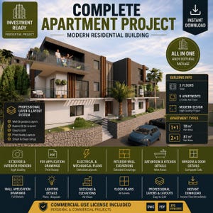 May include: A digital architectural project package for a modern three-storey residential building with six apartments. The graphic includes building specifications, floor plans, and technical drawing details, featuring a rendering of a grey building.