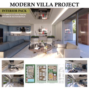 May include: An interior design rendering of a modern villa project. The image showcases a living room with a gray sofa, a round coffee table, and a kitchen with blue cabinets. The image also includes floor plans and interior renderings.