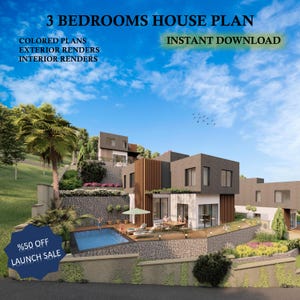 Puede incluir: Un plano de casa de 3 dormitorios en archivo digital que incluye planos a color, renders exteriores e interiores. La imagen muestra una casa moderna de varios niveles con piscina, terraza de madera y muros de piedra.