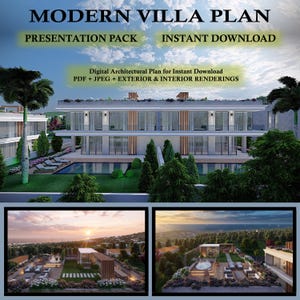 Puede incluir: Plano arquitectónico digital de una villa moderna. La imagen presenta un edificio de varios pisos con grandes ventanales, una piscina y un exuberante paisaje. El texto incluye "Modern Villa Plan", "Presentation Pack" e "Instant Download".