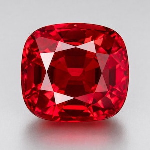 May include: A faceted, cushion-cut gemstone with a deep red hue. The gem's surface reflects light, showcasing its intricate internal structure and brilliance. The square shape has rounded corners, and the gem is set against a neutral background.