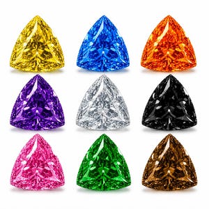 Pode incluir: Uma coleção de nove pedras preciosas facetadas dispostas numa grelha de três por três. Cada pedra apresenta um corte triangular tipo trillion em cores distintas, incluindo amarelo, azul, laranja, roxo, transparente, preto, rosa, verde e castanho.
